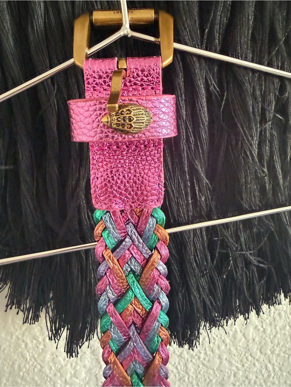 Kurt Geiger Metallic Pink Braided Belt with Gold Hardware and Multicolor Strands